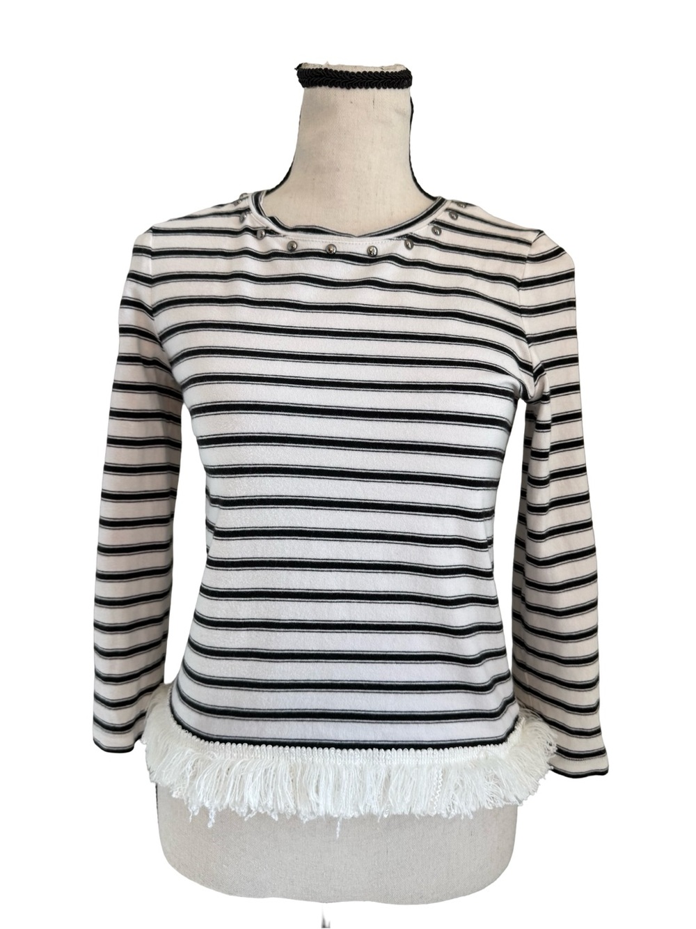 Kate Spade New York XXS Striped Fringe Hem Sweater Black White Stud Neck